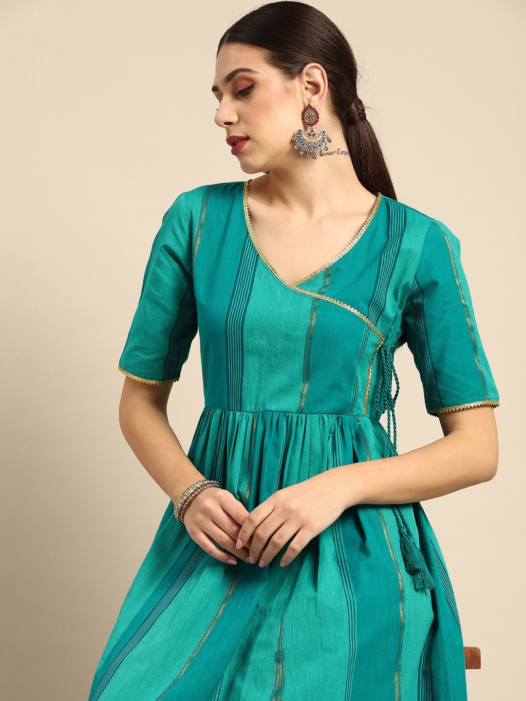 

Anouk Women Green & Gold-Toned Striped Pure Cotton Anarkali Angrakha Kurta