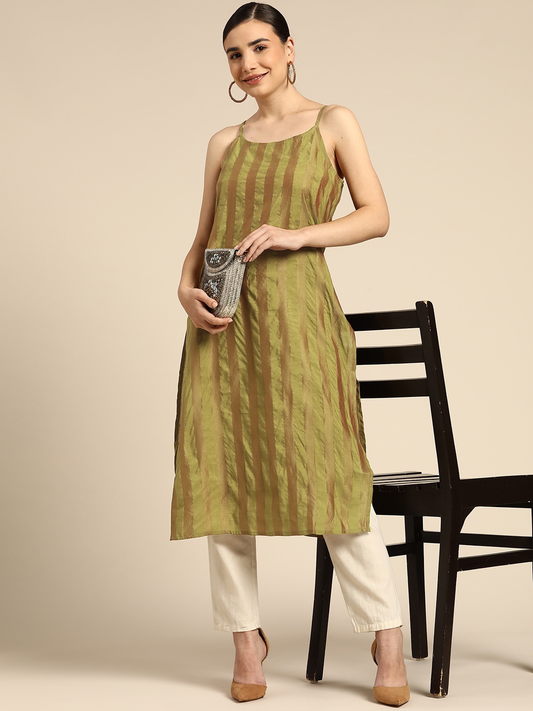 

Anouk Women Green Striped Shoulder Straps High Slit Kurta