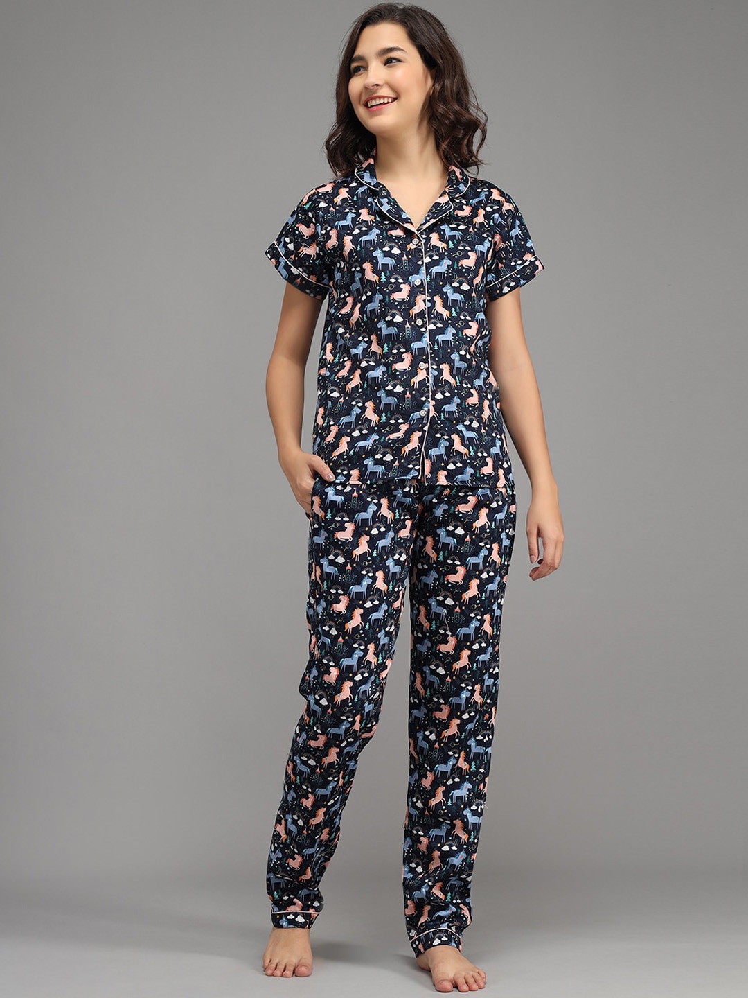 

SEPHANI Women Navy Blue & Peach-Coloured Printed Night suit