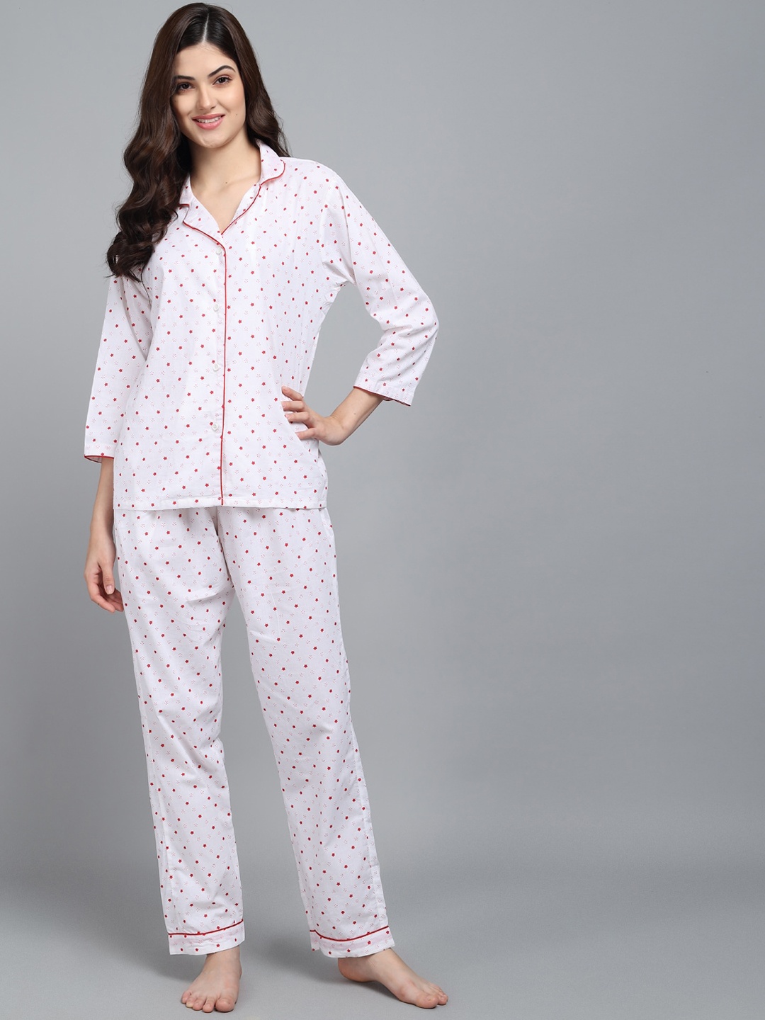 

SEPHANI Women White & Pink Printed Night suit