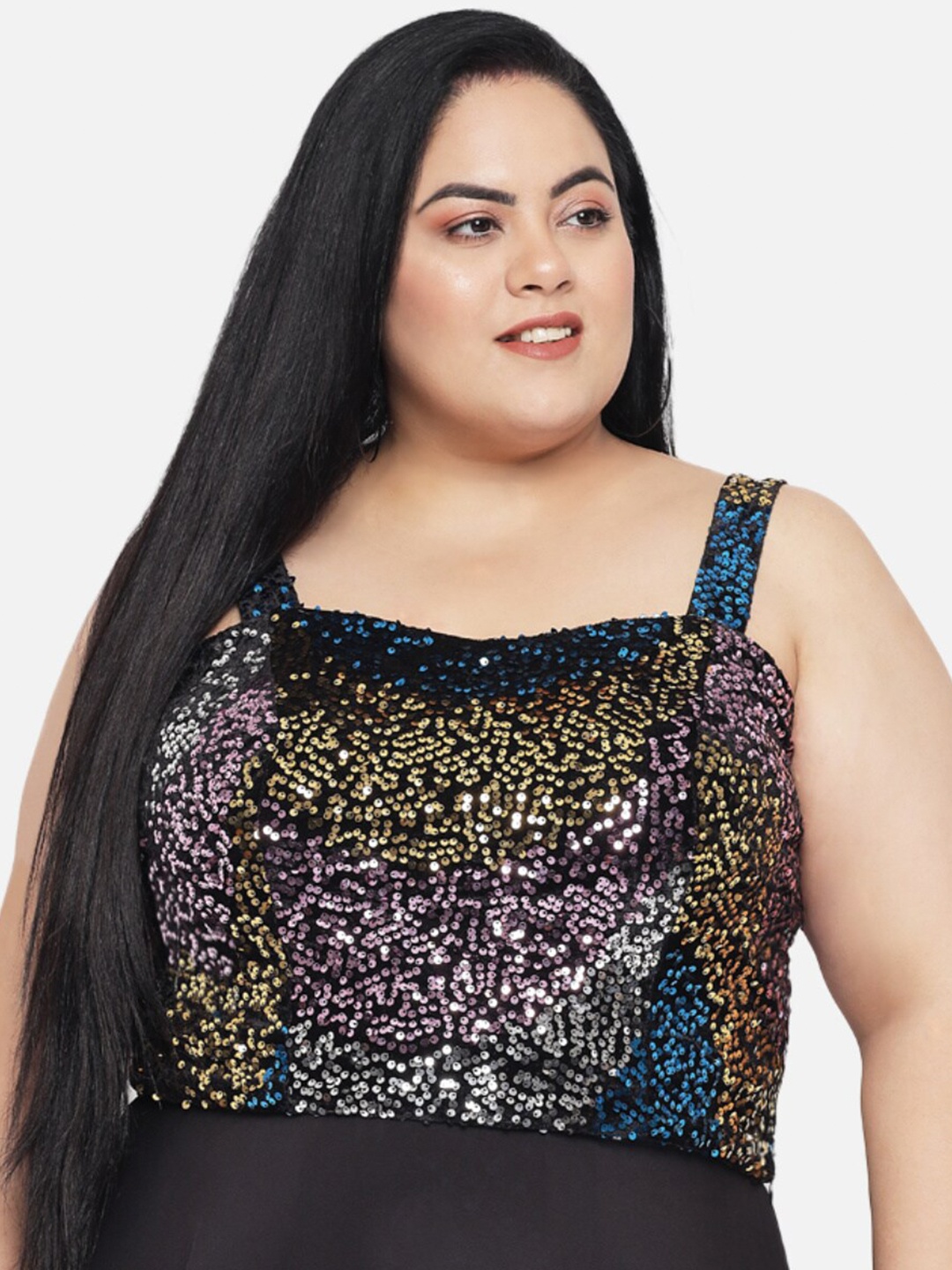

Wild U Plus Size Black Embellished Print Velvet Crop Top