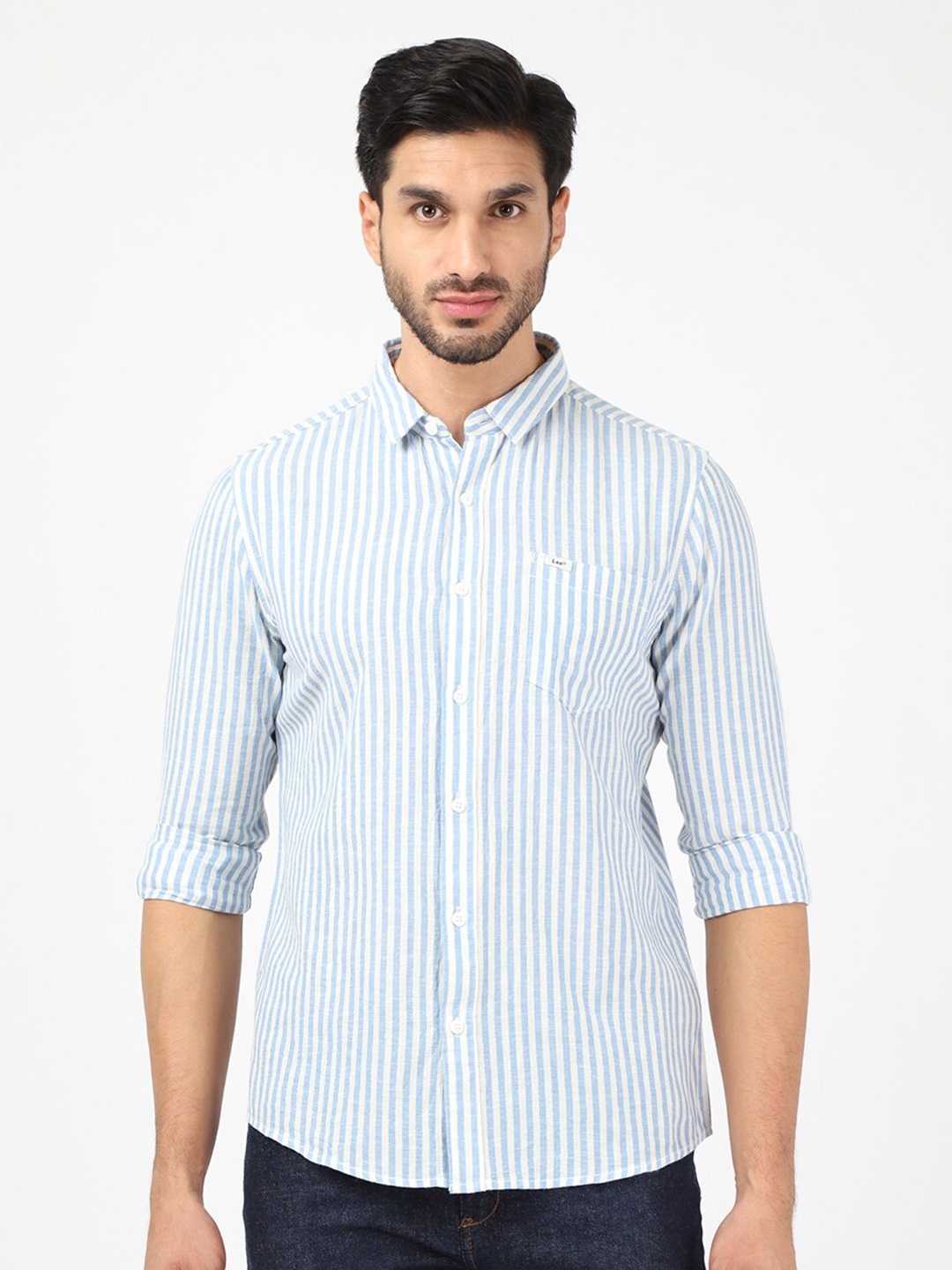 

Lee Men Blue Classic Slim Fit Striped Cotton Casual Shirt