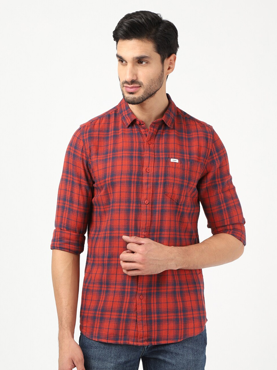 

Lee Men Orange Classic Slim Fit Tartan Checks Checked Cotton Casual Shirt