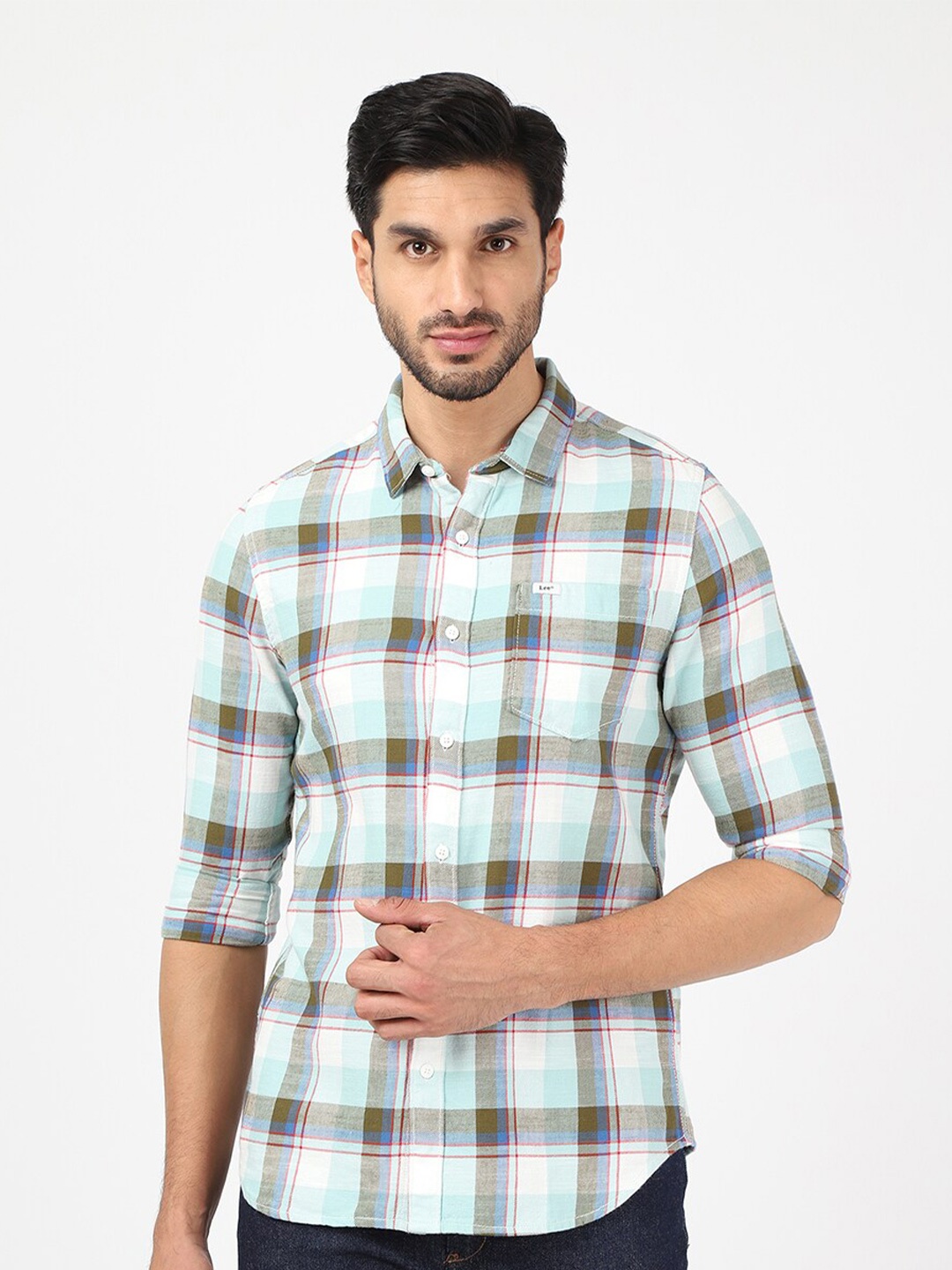 

Lee Men Rust & Blue Classic Slim Fit Tartan Checks Checked Cotton Casual Shirt