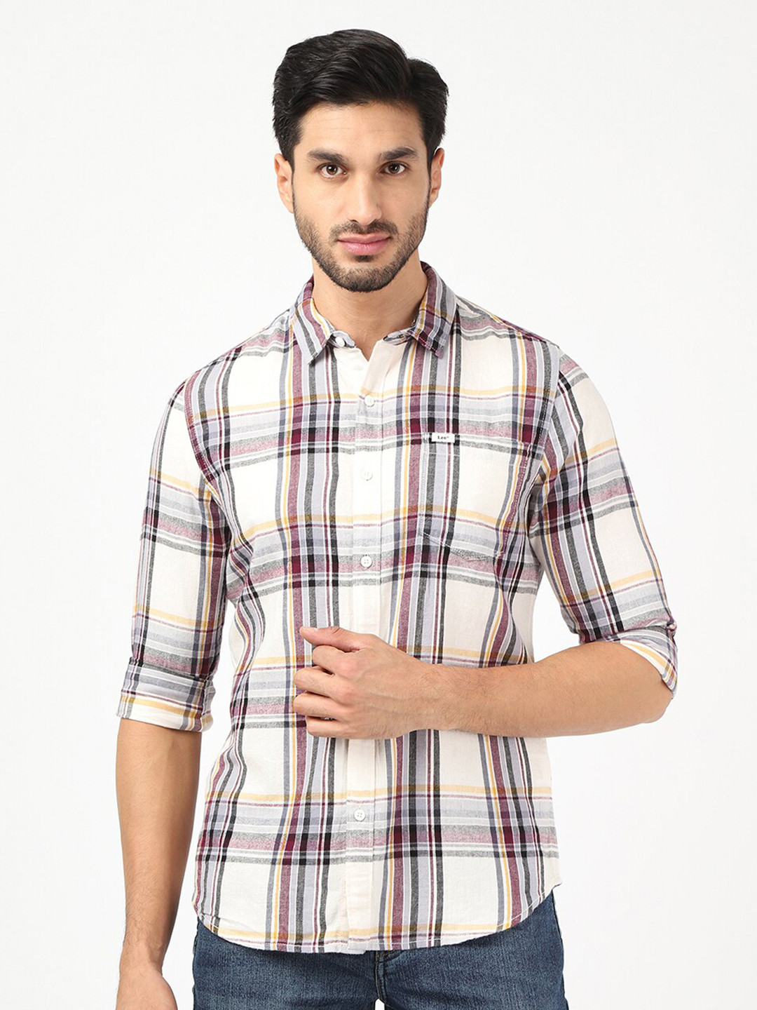 

Lee Men Classic Slim Fit Tartan Checks Checked Cotton Casual Shirt, Off white