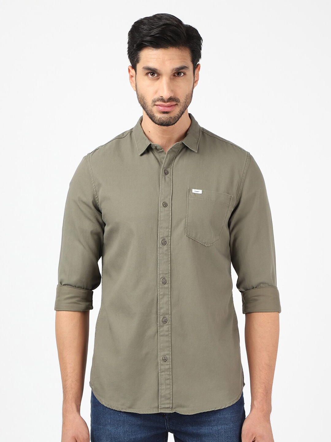 

Lee Men Olive Green Classic Slim Fit Cotton Casual Shirt