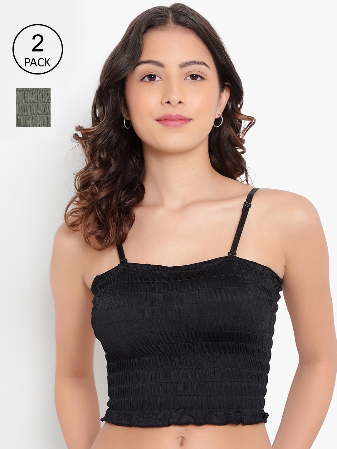 

PARKHA Set Of 2 Black & Green Non Padded & Non Wired Solid Bralette Bra