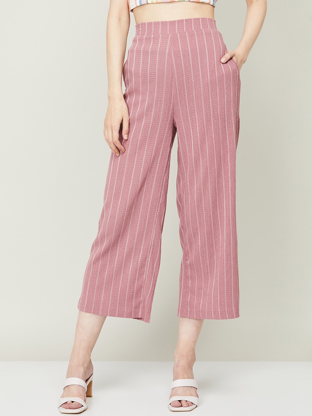 

CODE by Lifestyle Women Pink Striped High-Rise Culottes Trousers