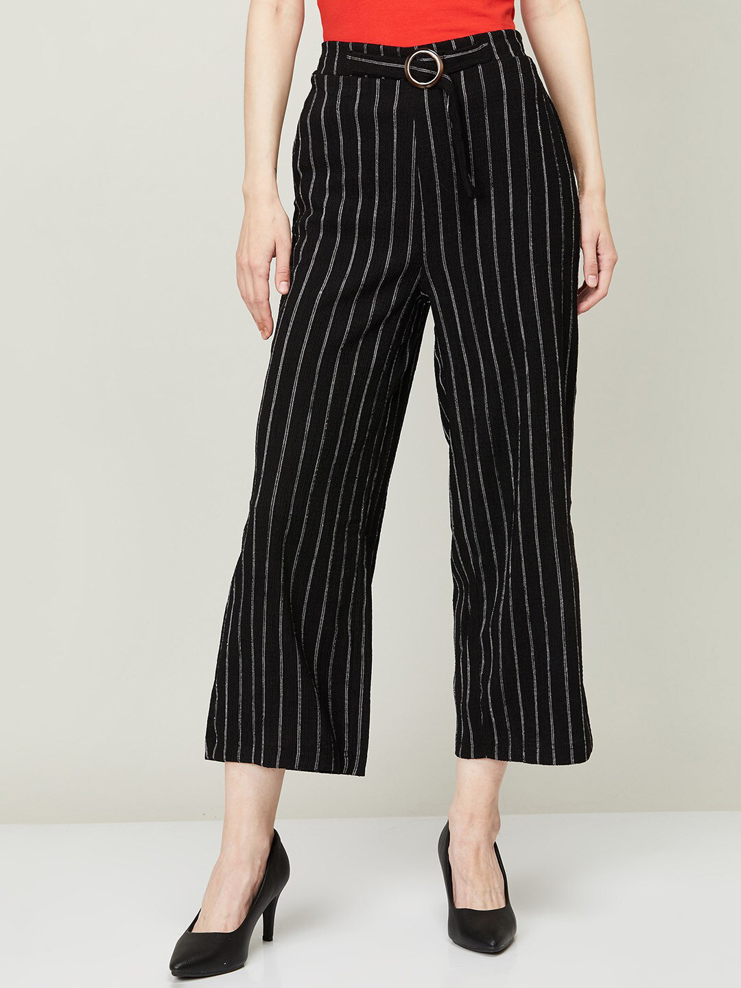 

CODE by Lifestyle Women Black Striped High-Rise Culottes Trousers