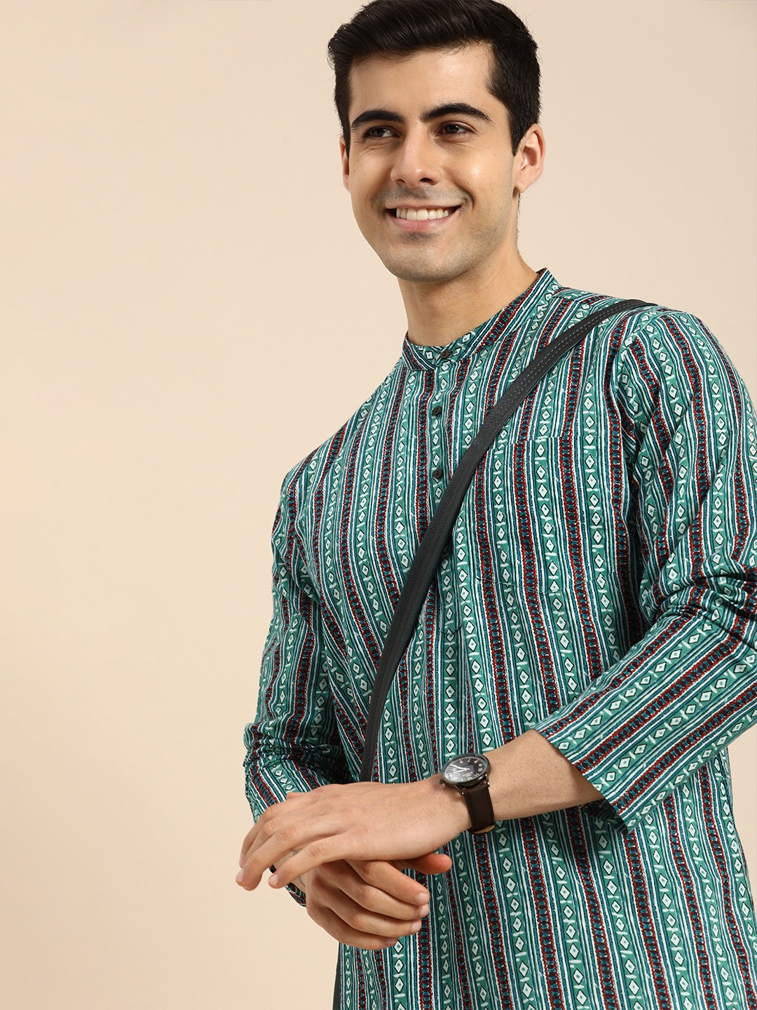 

Anouk Men Green & White Ethnic Motifs Printed Kurta