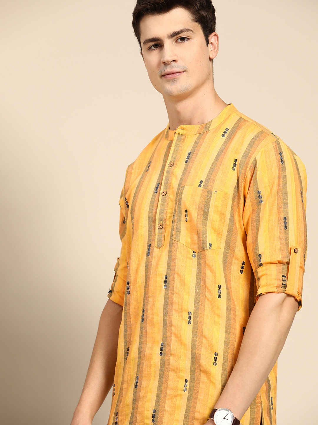 

Anouk Men Yellow & Green Striped Thread Work Kurta
