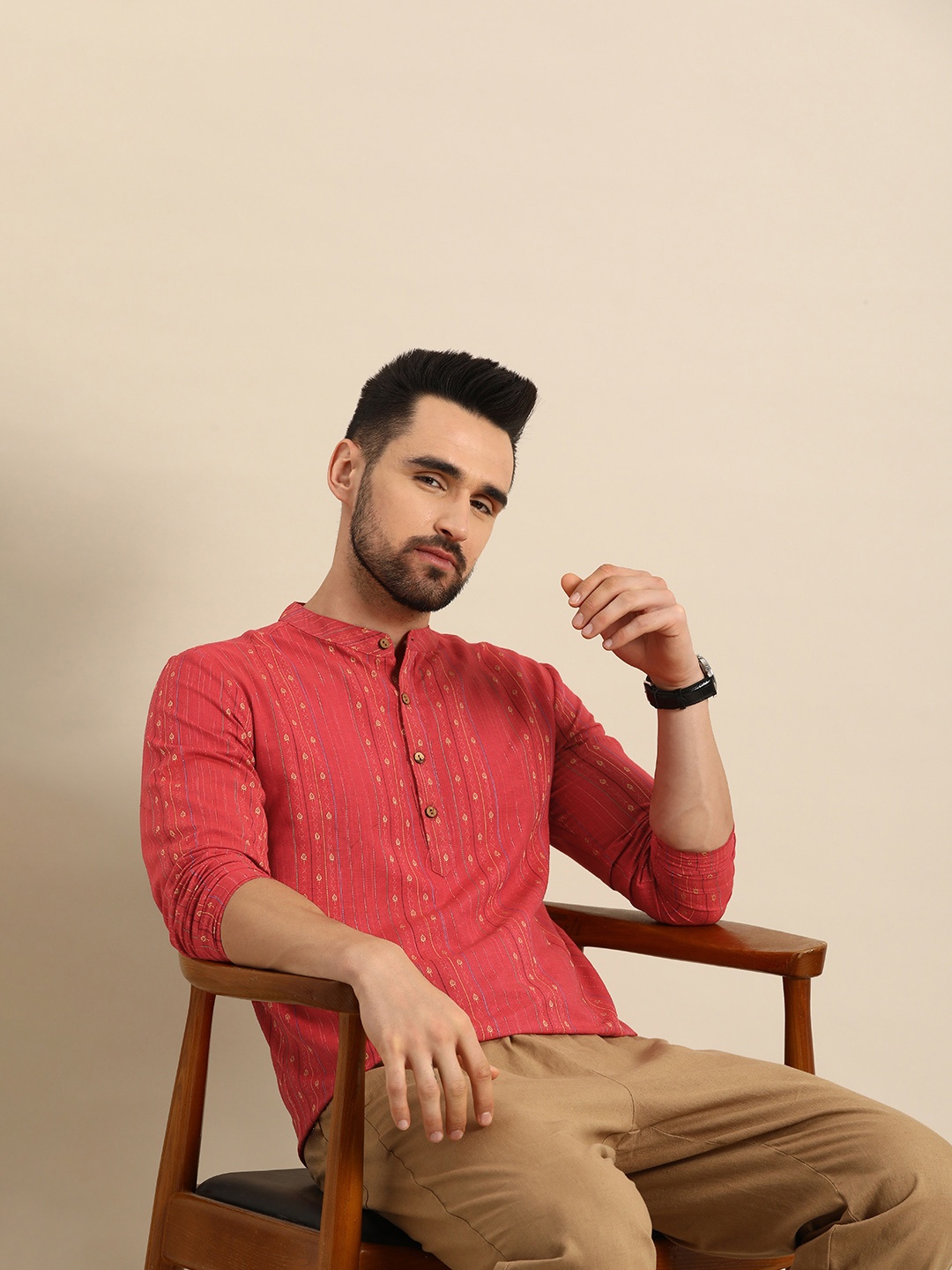 

Anouk Men Coral Red Embroidered Mandarin Collar Short Kurta