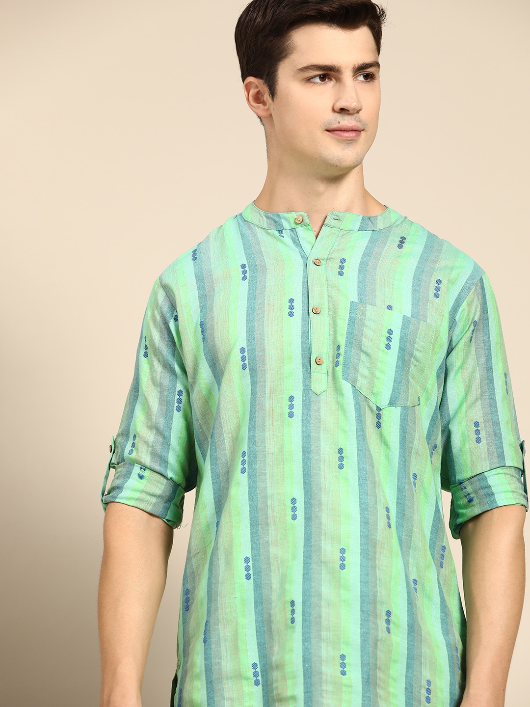 

Anouk Men Green & Blue Striped Thread Work Kurta