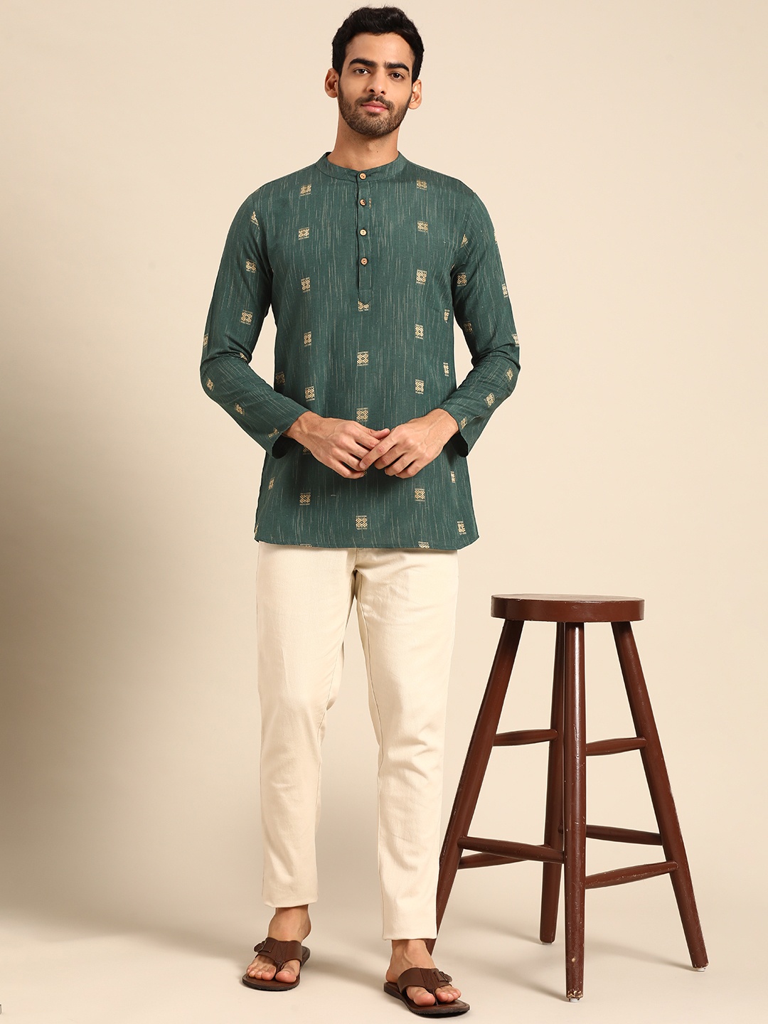 

Anouk Men Green & Beige Ethnic Motifs Woven Design Kurta