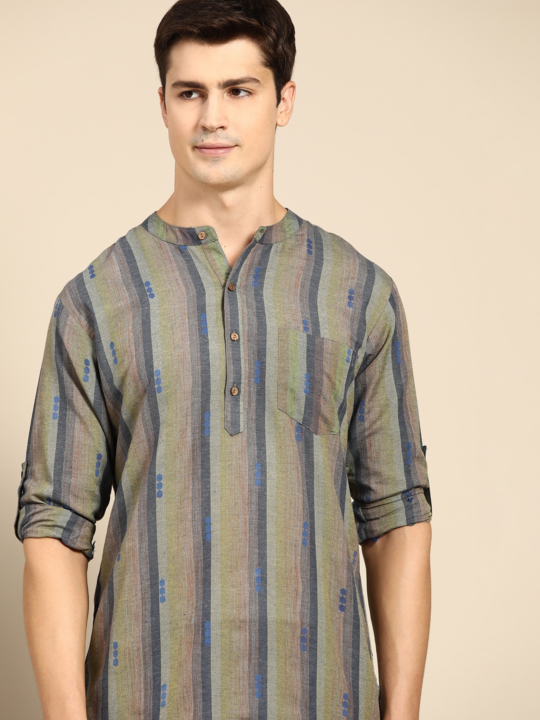 

Anouk Men Green & Purple Striped Thread Work Kurta