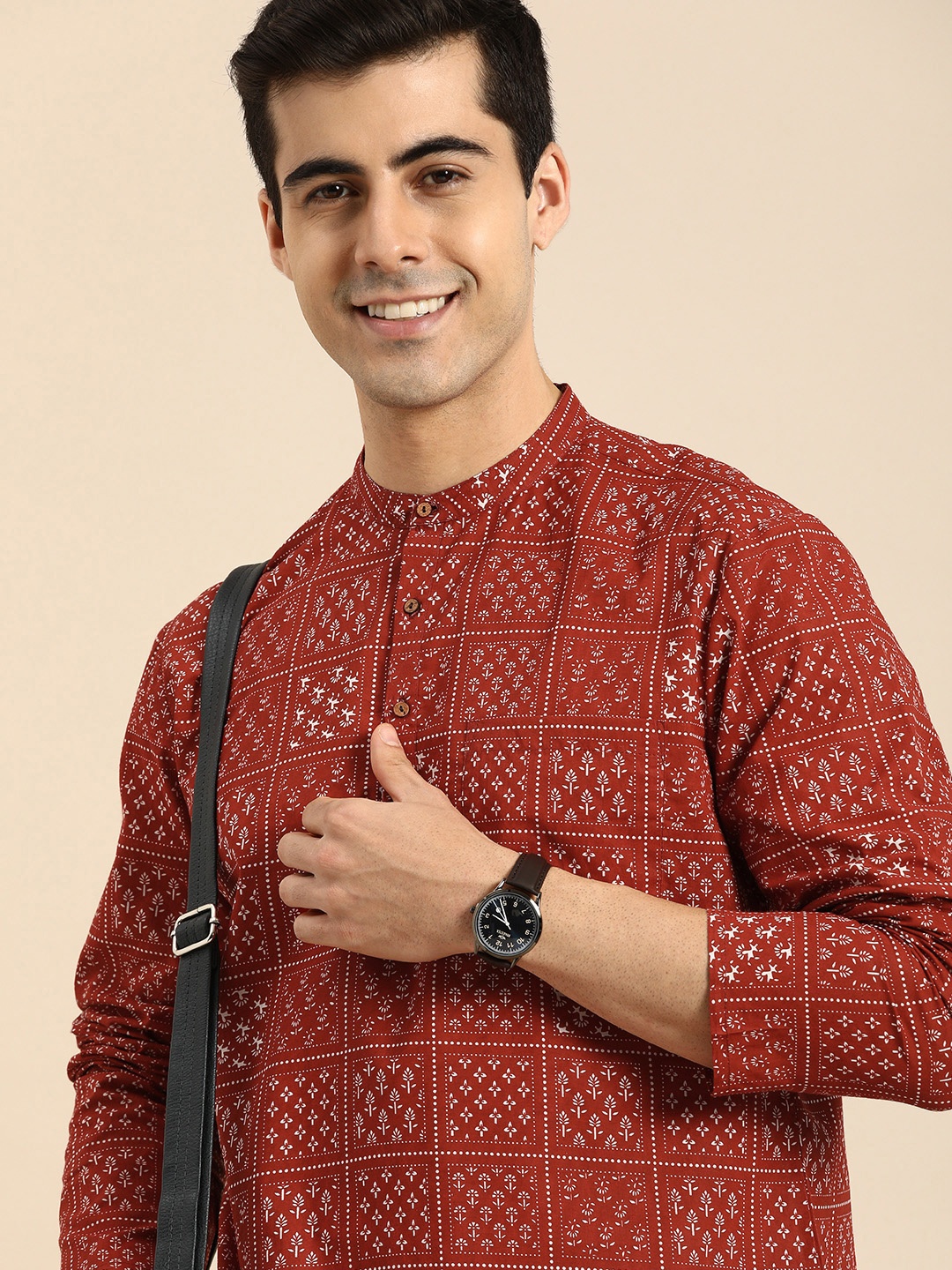 

Anouk Men Red & White Floral Printed Pure Cotton Kurta