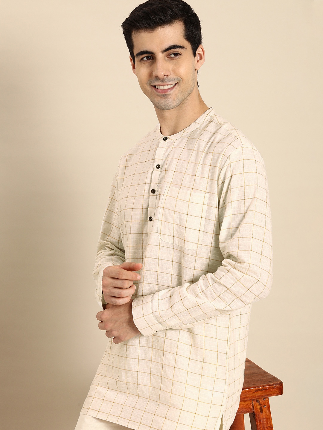 

Anouk Men Off White & Gold-Toned Checked Pure Cotton A-Line Kurta