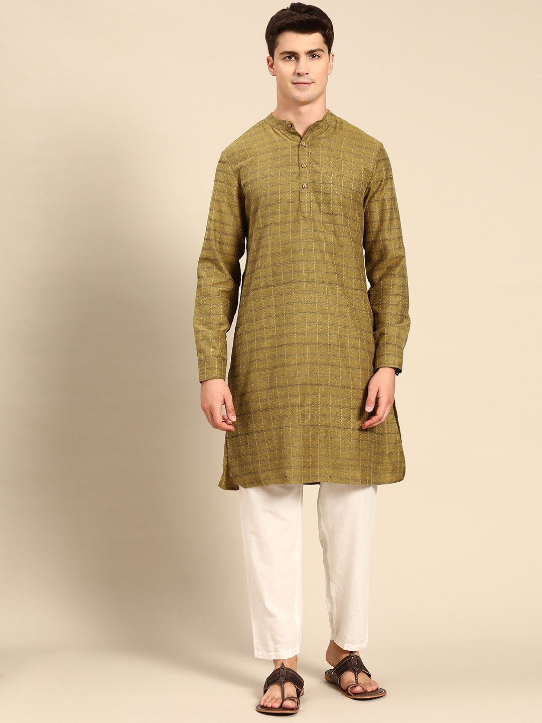 

Anouk Men Mustard Yellow Embroidered Thread Work Kurta