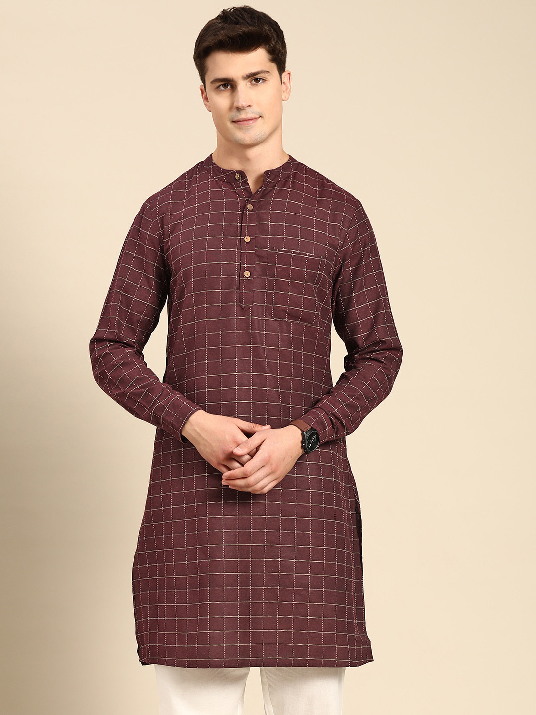

Anouk Men Burgundy & Beige Embroidered Thread Work Kurta