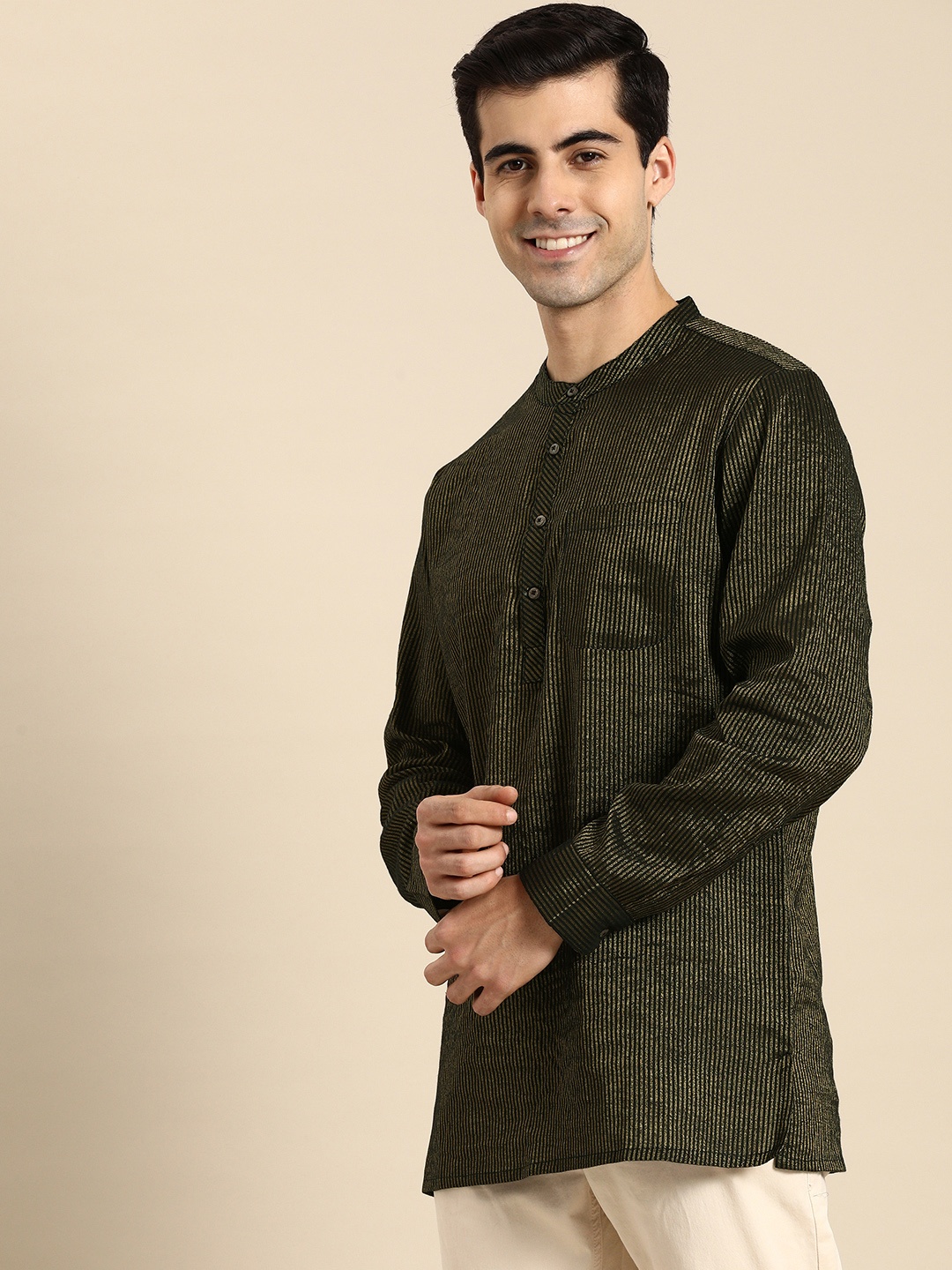 

Anouk Men Black & Gold-Toned Striped Woven Design Pure Cotton A-Line Kurta