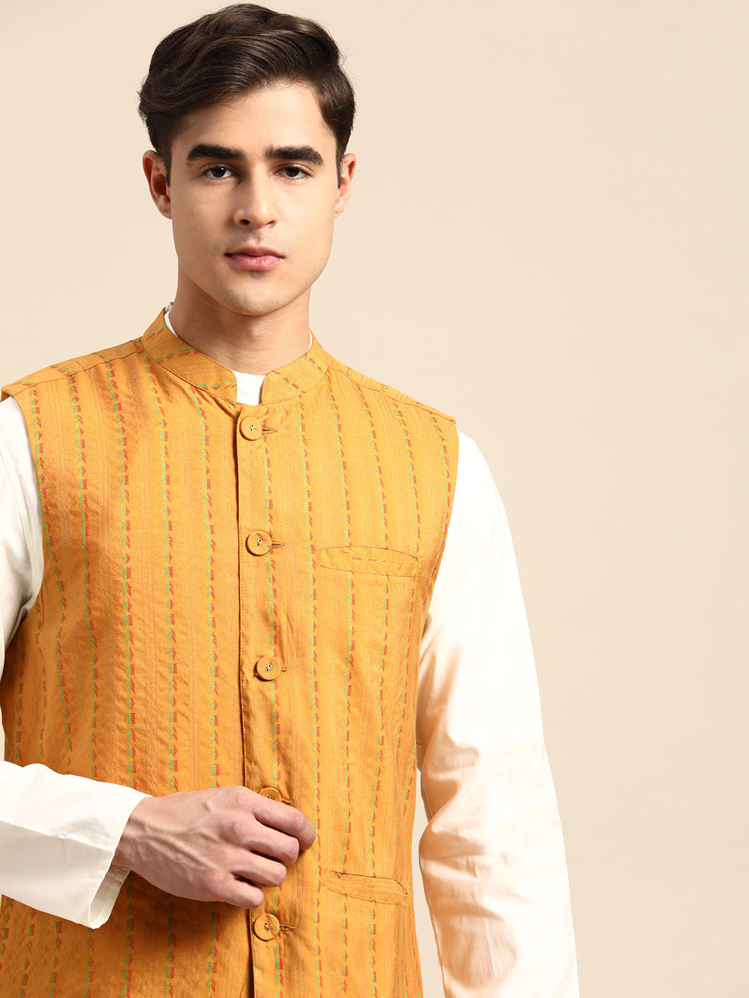 

Anouk Men Woven Design Nehru Jacket, Mustard