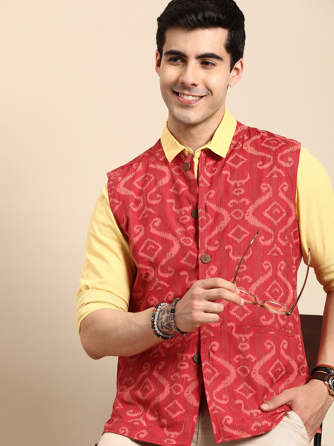 

Anouk Woven Design Mandarin-Collar Nehru Jacket, Maroon