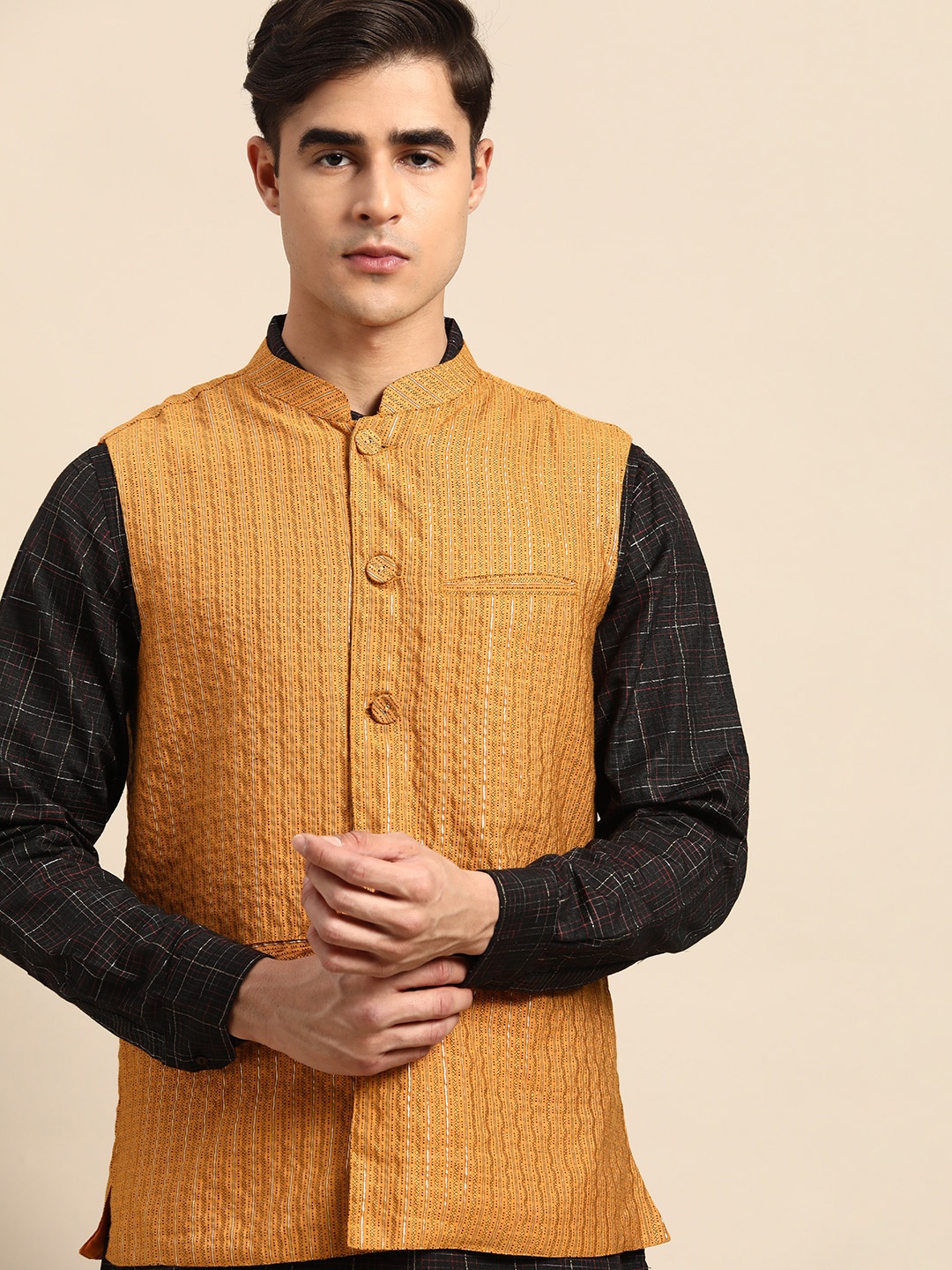 

Anouk Men Woven Design Nehru Jacket, Mustard