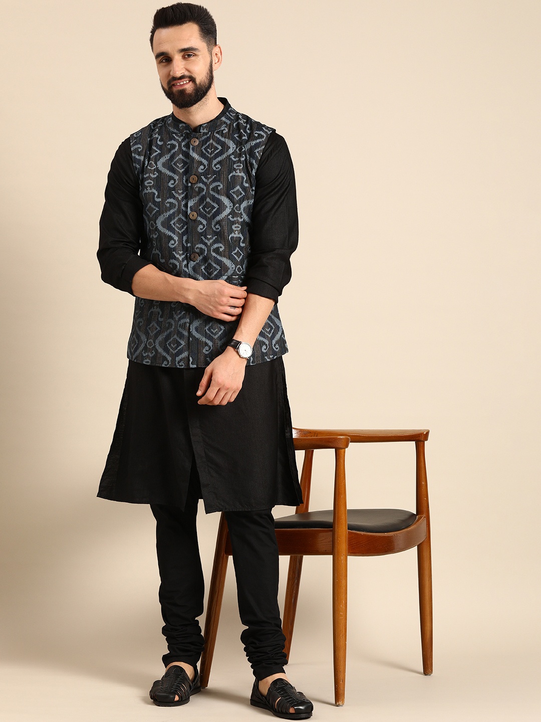 

Anouk Men Black & Blue Woven Design Nehru Jacket