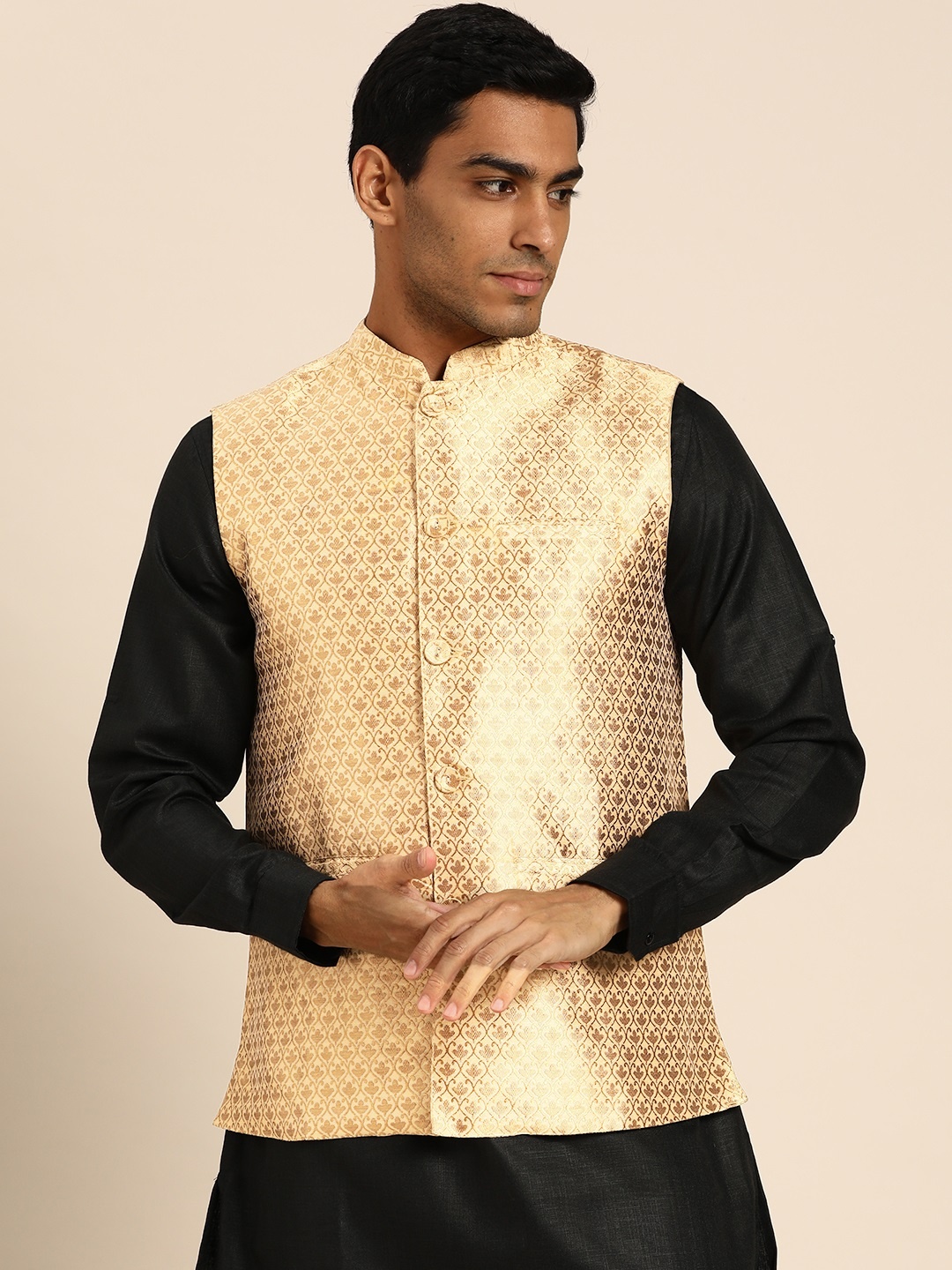 

Anouk Men Golden Ethnic Motif Woven Design Nehru Jacket, Gold