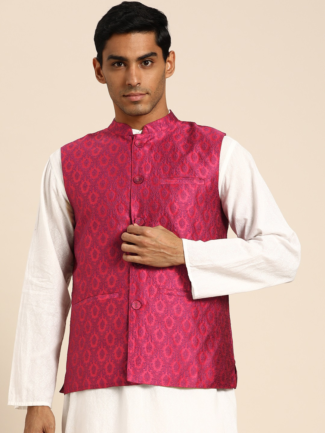 

Anouk Men Red & Purple Ethnic Motif Woven Design Nehru Jacket