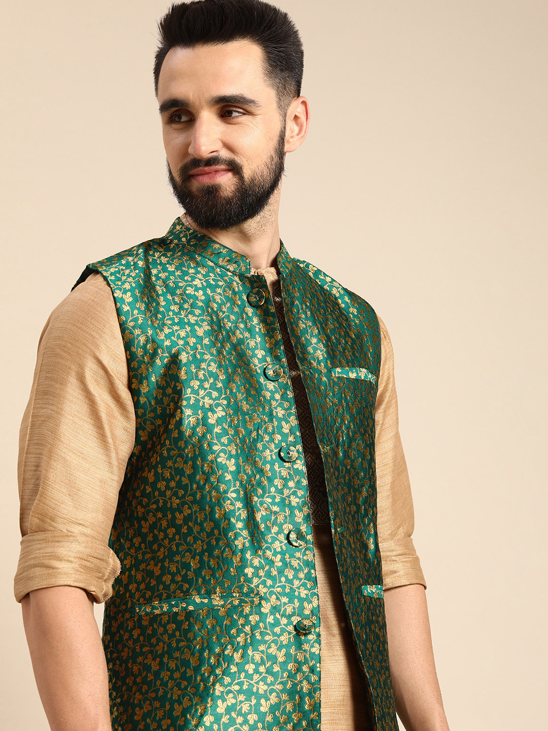 

Anouk Men Teal Green & Golden Woven Design Nehru Jacket