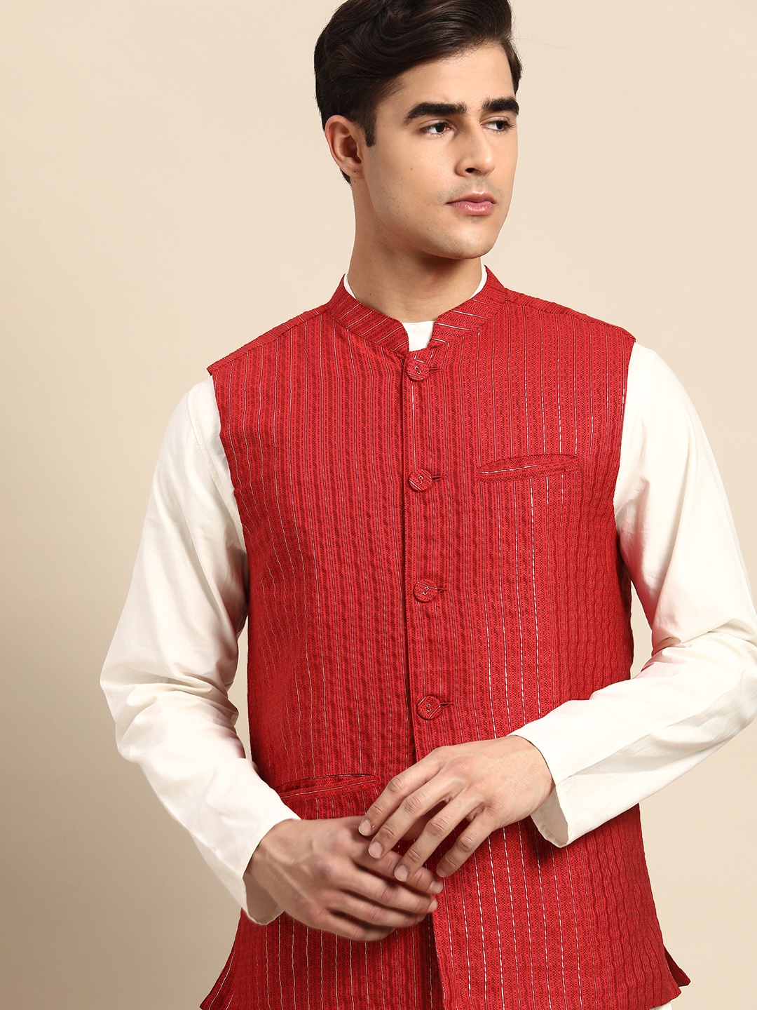 

Anouk Men Embroidered Nehru Jacket, Red