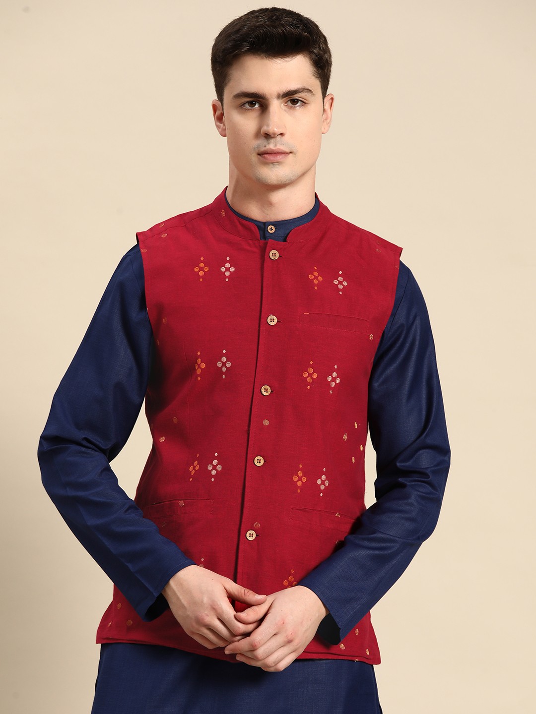 

Anouk Men Maroon Printed Pure Cotton Nehru Jacket
