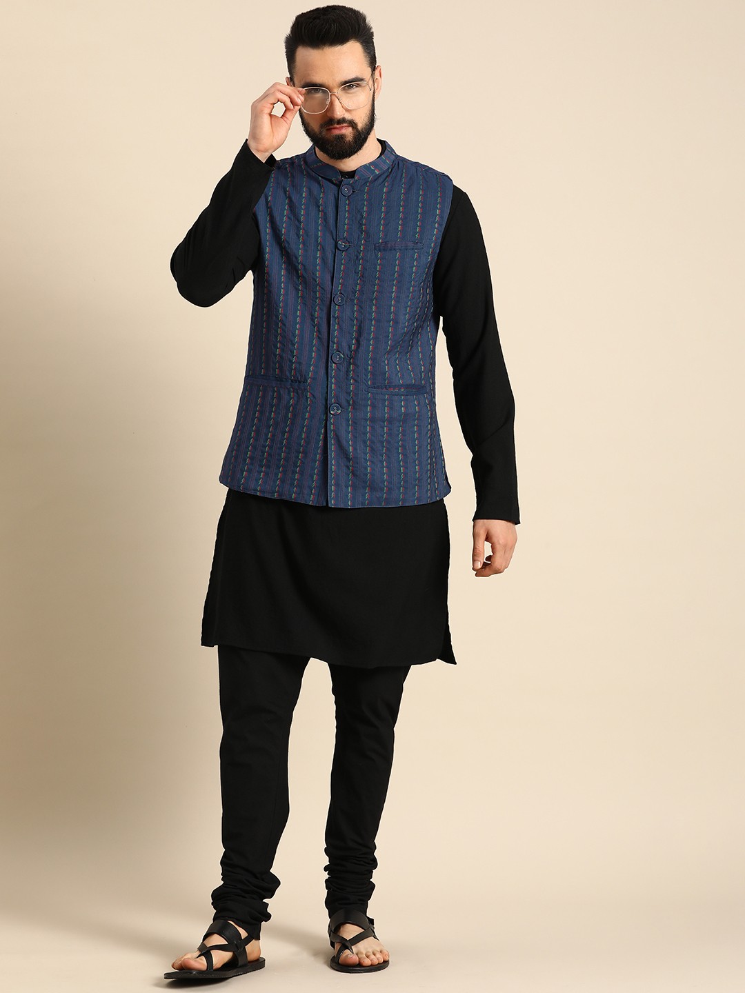 

Anouk Men Embroidered Nehru Jacket, Blue