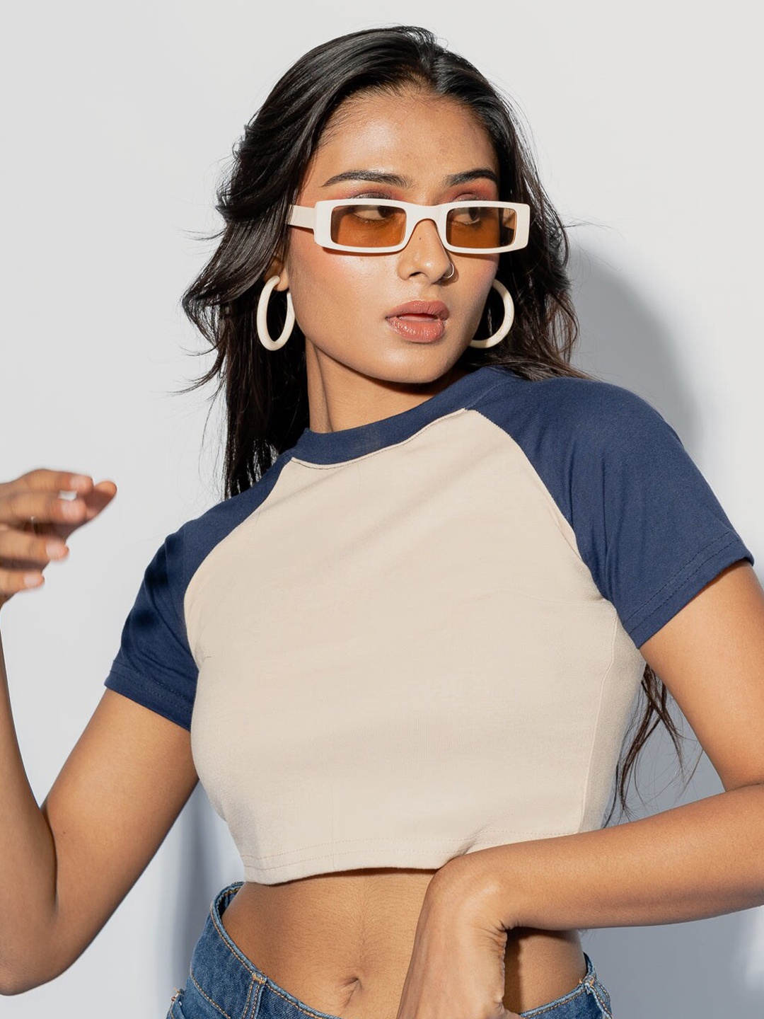 

FREAKINS Women Beige & Navy Blue Colourblocked Crop Top