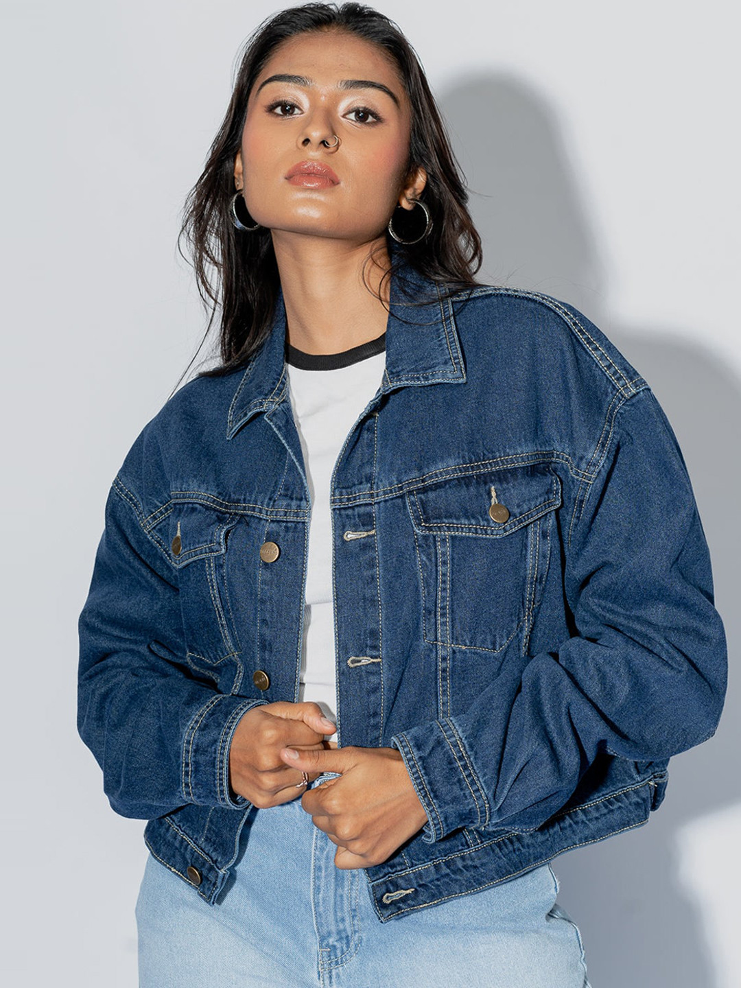 

FREAKINS Women Blue Washed Crop Denim Bomber Jacket