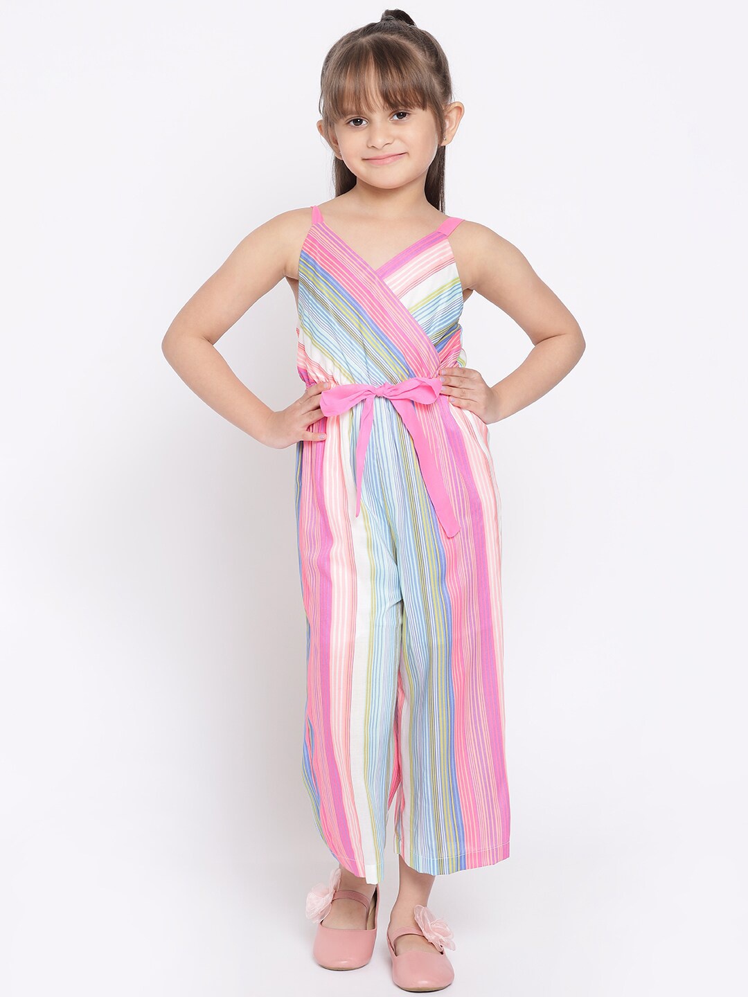 

Natilene Girls Pink & Blue Striped Basic Jumpsuit