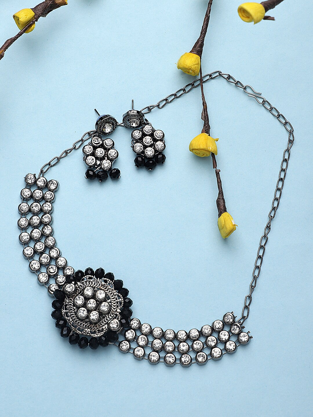 

CARDINAL Oxidized Silver-Plated Black Stone-Studded Jewellery Set