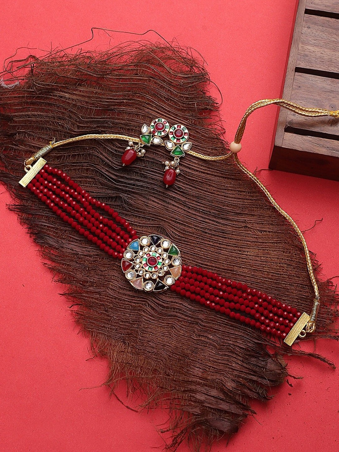 

CARDINAL Maroon Onyx-Studded & Beaded Jewellery Set