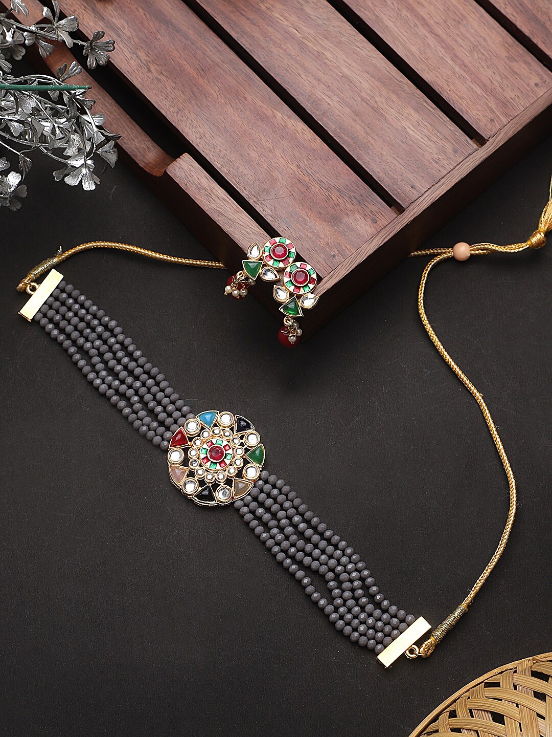 

CARDINAL Gold-Plated Grey Onyx Studded Choker Jewellery Set