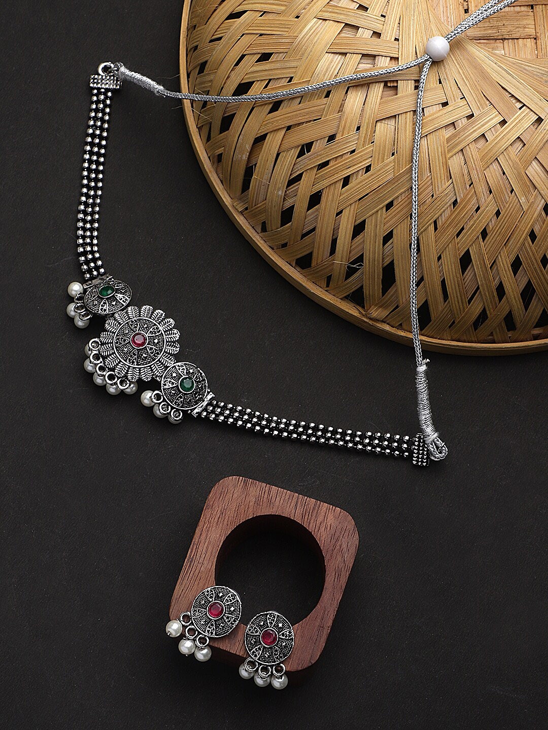 

CARDINAL Oxidised Silver-Plated Red & Green Stone Studded Jewellery Set