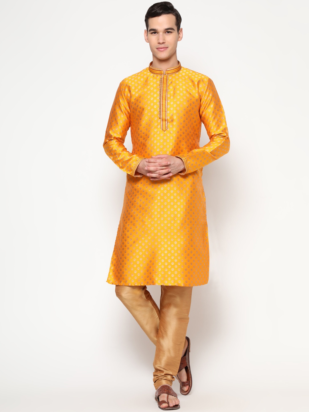 

GoStyle Men Yellow Ethnic Motifs Pure Cotton Kurta with Churidar