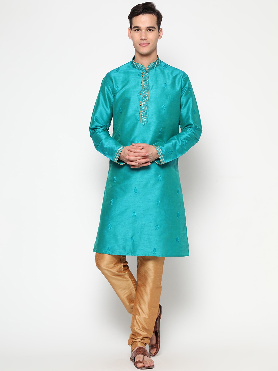 

GoStyle Men Teal Ethnic Motifs Pure Cotton Kurta with Pyjamas