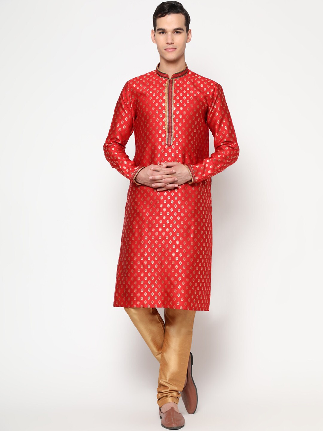 

GoStyle Men Red & Gold Ethnic Motifs Pure Cotton Kurta with Churidar