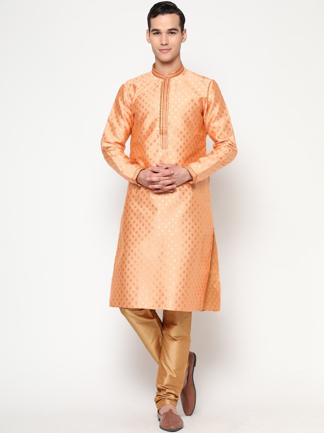 

GoStyle Men Peach-Coloured Ethnic Motifs Pure Cotton Kurta with Churidar