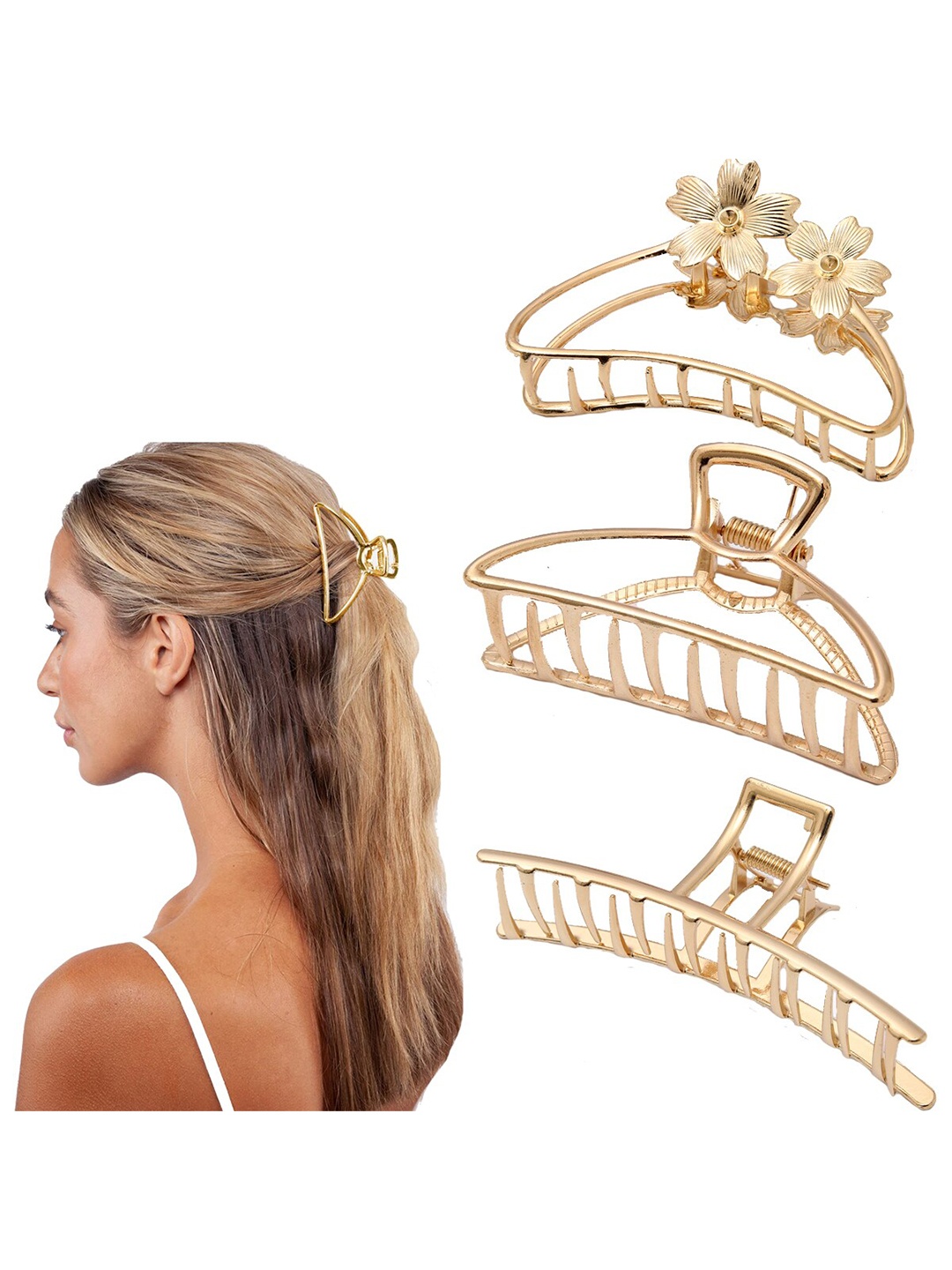 VAGHBHATT Women Gold-Toned Set of 3 Large Size Hair Catch Barrette Claw Clip