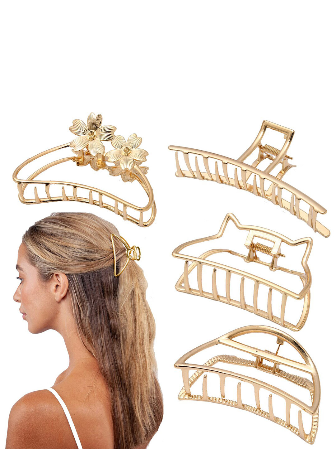 

VAGHBHATT Women Gold-Toned Set of 4 Claw Clip With 3 Inches Large Size Hair Catch Barrette
