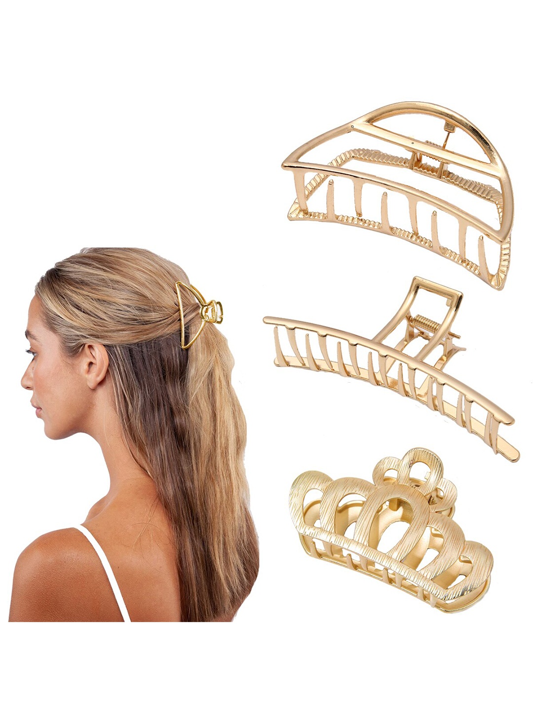 

VAGHBHATT Women Set of 3 Gold-Toned Claw Clips