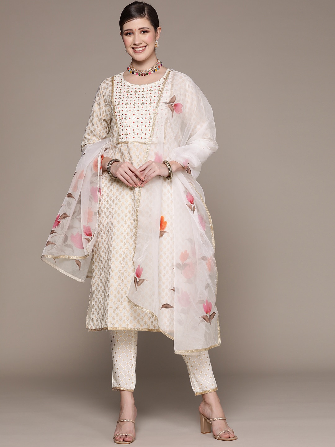 

Ishin Women Off White Ethnic Motifs Embroidered Empire Gotta Patti Kurta with Trousers & With Dupatta