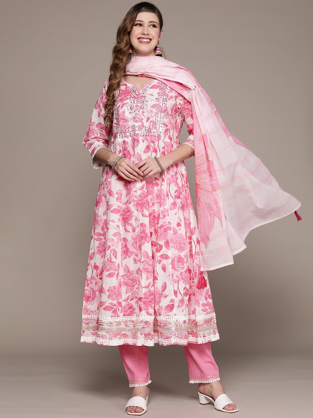 Ishin Women Pink Floral Printed Pure Cotton Kurta with Trousers & With Dupatta